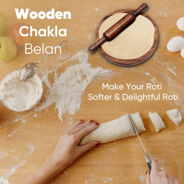 Handcrafted wooden chakla belan rolling pin, perfectly balanced for effortless rolling of chapatis and rotis