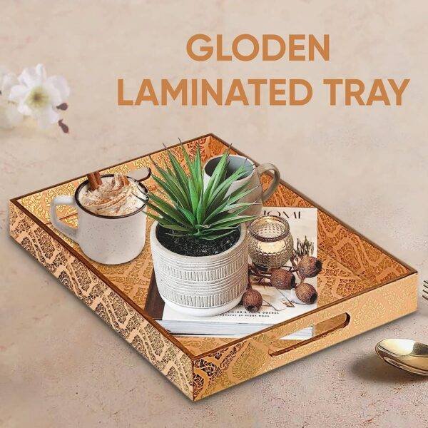 Karigar Creations Laminated Wooden Rectangular Serving Tray 3 Piece, for kitchen in Golden Color