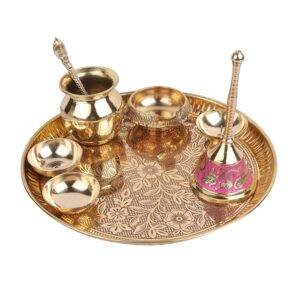 Karigar Creations Traditional Handcrafted Brass Pital Puja Thali Aarti Bartan Plate Set of 8 Piece for Mandir Pooja Room Home Temple 9 Inch Round Golden.