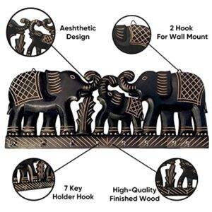 Karigar Creations Wooden Elephant Designed Key Holder with 8 Hook, Black