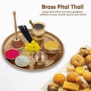 Karigar Creations Traditional Handcrafted Brass Pital Puja Thali Aarti Bartan Plate Set of 8 Piece for Mandir Pooja Room Home Temple 9 Inch Round Golden.