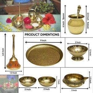 Karigar Creations Traditional Handcrafted Brass Pital Puja Thali Aarti Bartan Plate Set of 8 Piece for Mandir Pooja Room Home Temple 9 Inch Round Golden.