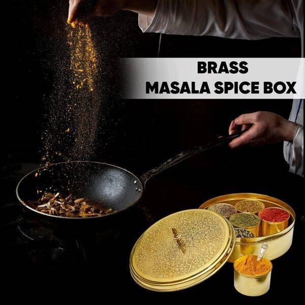 Brass Masala Spice Box Masaladani Set For Kitchen Container with Embossed Lid, 7 Containers and 1 Spoon