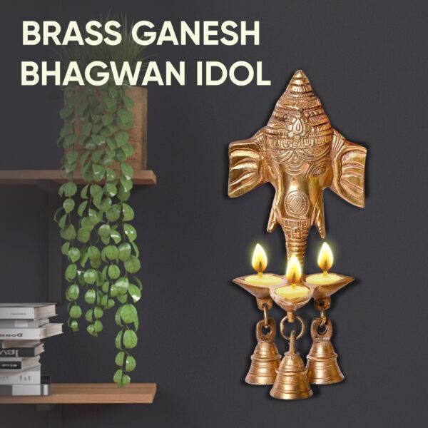 Brass Ganesh Idol Ganesha Statue Ganpati Murti with Multi Diya and Bells