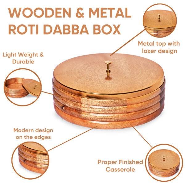Wooden Chapati Box with Metal Top Casserole for Roti with Tong
