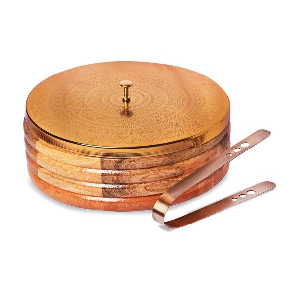 Wooden Chapati Box with Metal Top Casserole for Roti with Tong