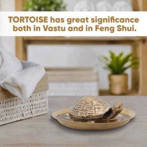 Feng Shui and Vastu Brass Tortoise On Plate Showpiece for Good Luck Money Home Decor Decoration 2x1 inch Golden Color