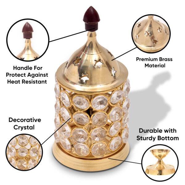 Decorative Crystal Brass Akhand Jyot Deep Deepak Diya with Star Cutted Cap for puja and Decoration at Homes and Temples with Crystal Cover Set 7x3x7 Inch Golden Color