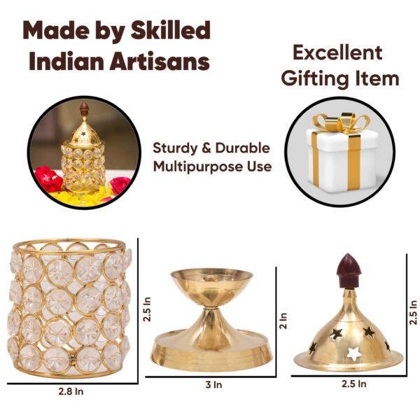 Decorative Crystal Brass Akhand Jyot Deep Deepak Diya with Star Cutted Cap for puja and Decoration at Homes and Temples with Crystal Cover Set 7x3x7 Inch Golden Color