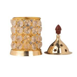 Decorative Crystal Brass Akhand Jyot Deep Deepak Diya with Star Cutted Cap for puja and Decoration at Homes and Temples with Crystal Cover Set 7x3x7 Inch Golden Color