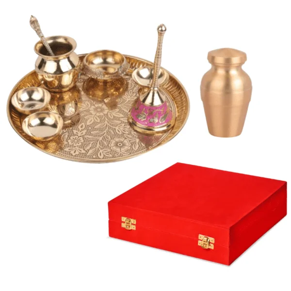 Brass Pital Puja Thali Aarti Bartan Plate Set of 9 Piece for Mandir Pooja Room Home Temple 9 Inch Round Gift Box
