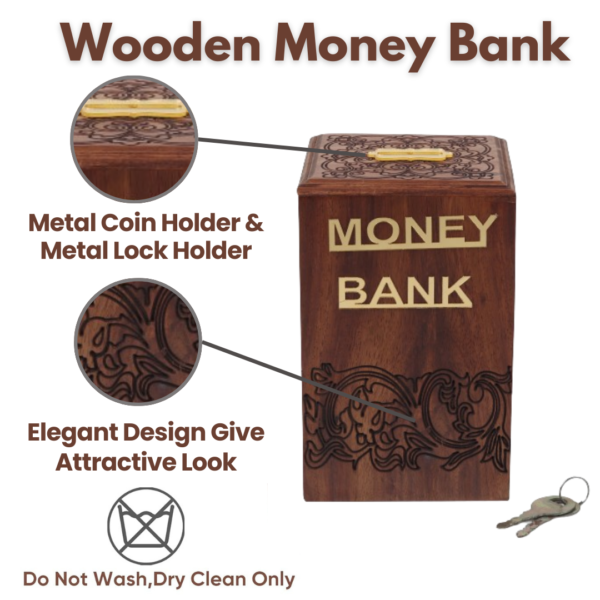 A stylish wooden money bank with lock, also known as piggy bank designed for adults, featuring a rustic finish and elegant craftsmanship.