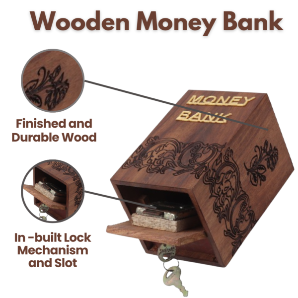 A stylish wooden money bank with lock, also known as piggy bank designed for adults, featuring a rustic finish and elegant craftsmanship.