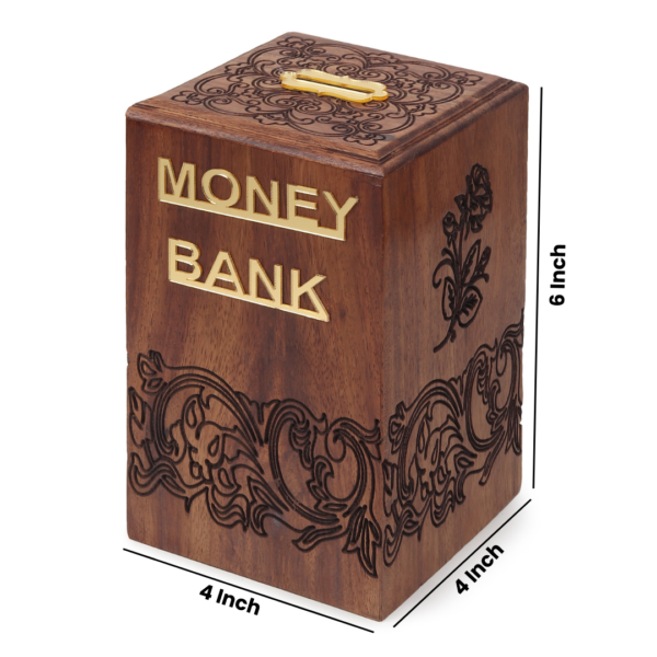 A stylish wooden money bank with lock, also known as piggy bank designed for adults, featuring a rustic finish and elegant craftsmanship.