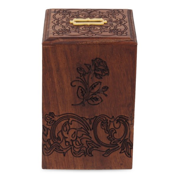 A stylish wooden money bank with lock, also known as piggy bank designed for adults, featuring a rustic finish and elegant craftsmanship.