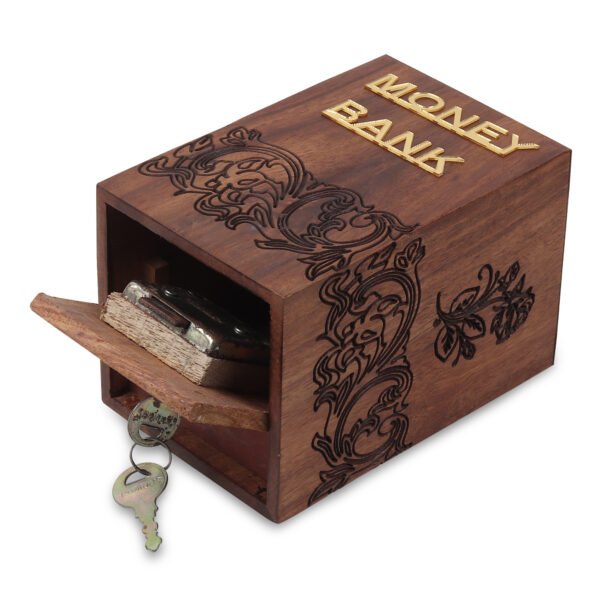 A stylish wooden money bank with lock, also known as piggy bank designed for adults, featuring a rustic finish and elegant craftsmanship.