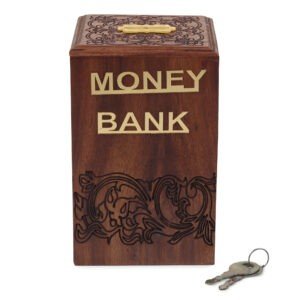 A stylish wooden money bank with lock, also known as piggy bank designed for adults, featuring a rustic finish and elegant craftsmanship.