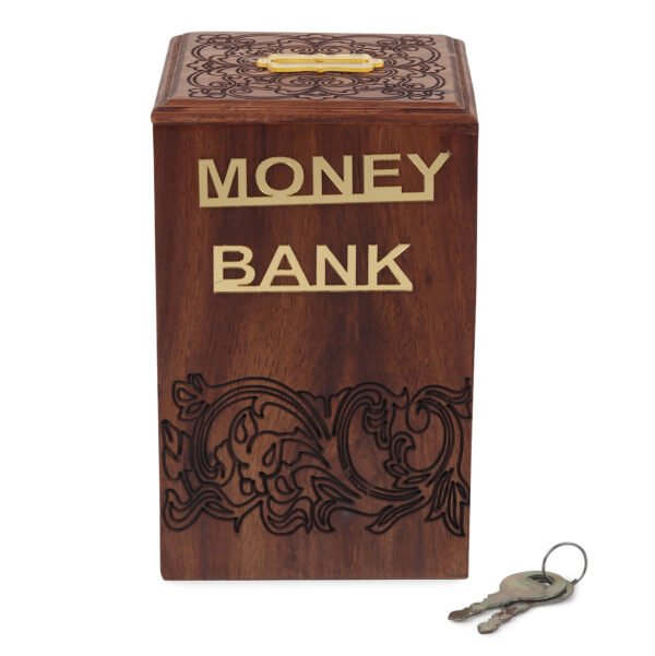 A stylish wooden money bank with lock, also known as piggy bank designed for adults, featuring a rustic finish and elegant craftsmanship.