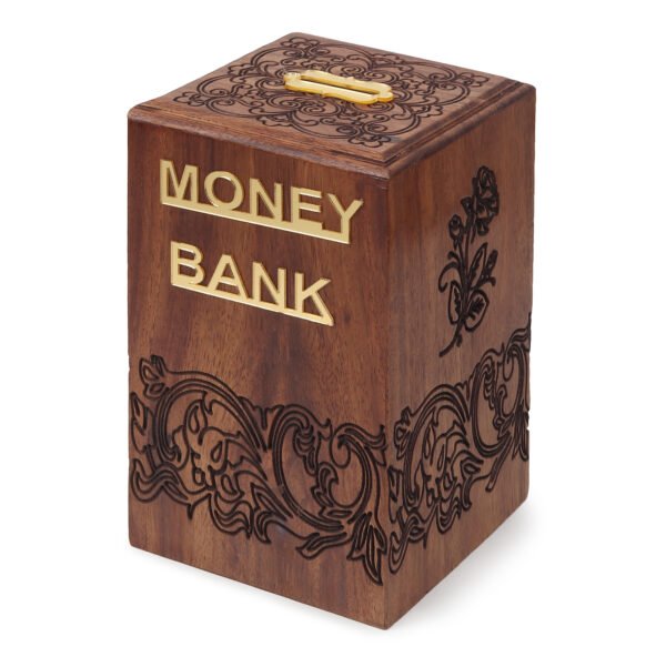 A stylish wooden money bank with lock, also known as piggy bank designed for adults, featuring a rustic finish and elegant craftsmanship.